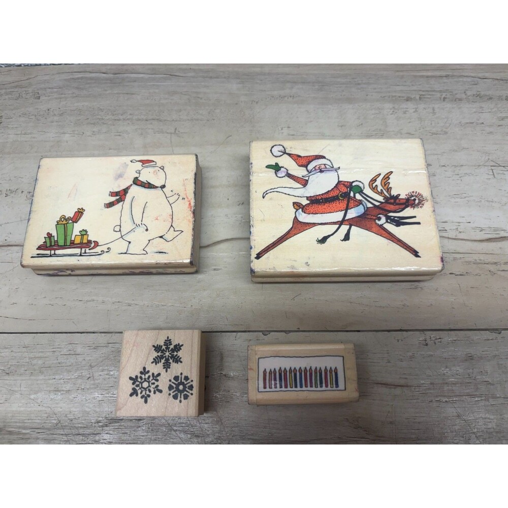 Set Of 4 Christmas Theme Wood Mounted Rubber Stamps